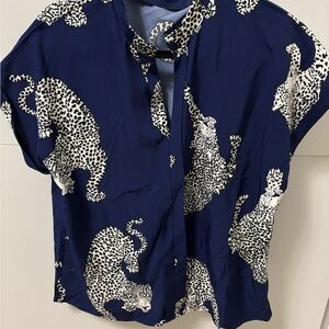 Navy Blouse with White Leopard Design button down tiger jaguar fun print